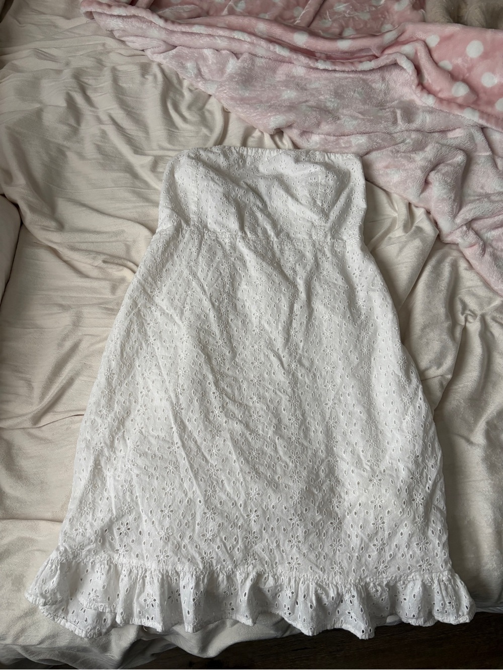Strapless White Eyelet Ruffle Hem Dress
